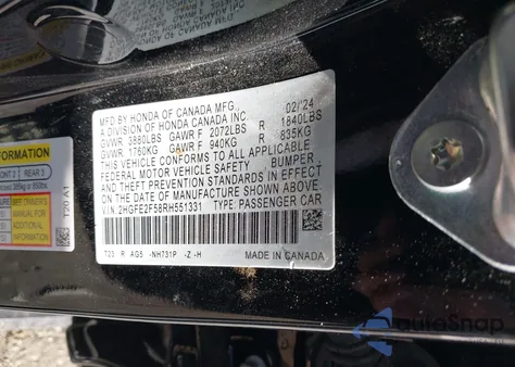 2024 Honda Civic Sport from USA, damaged, VIN 2HGFE2F58RH551331